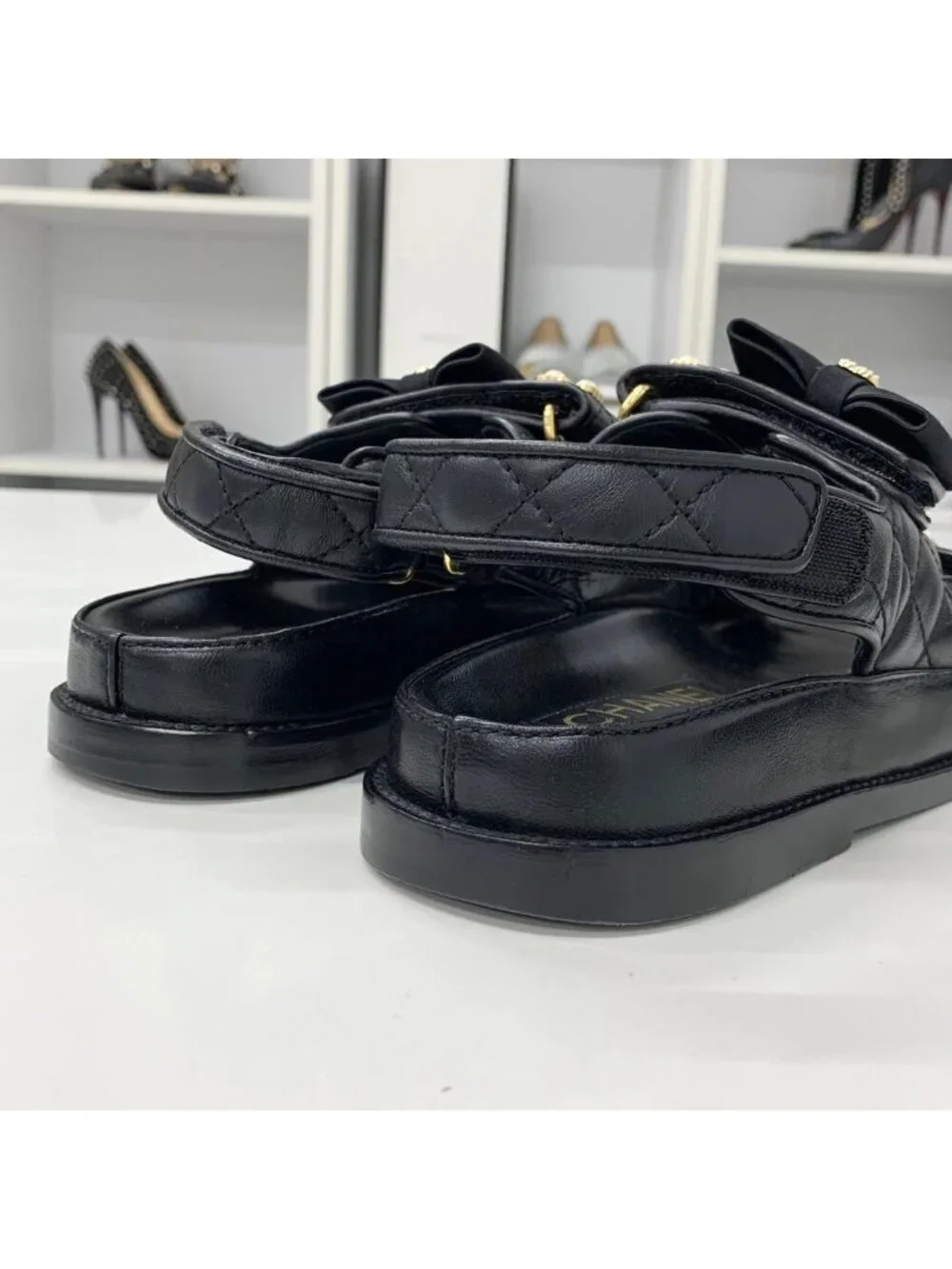 Chanel CC Logo Quilted Ribbon Leather Velcro Sandals